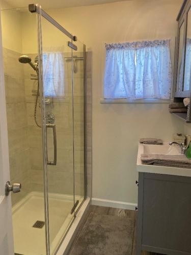 a bathroom with a shower and a sink at La Casita on Antique Row in West Palm Beach