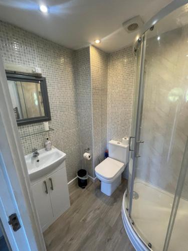 a bathroom with a toilet and a sink and a shower at 11 longstone house in Carbis Bay