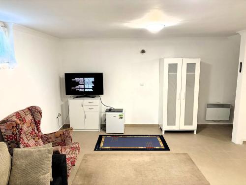 a living room with a couch and a flat screen tv at Samsolandia Willa Falsztyn in Falsztyn