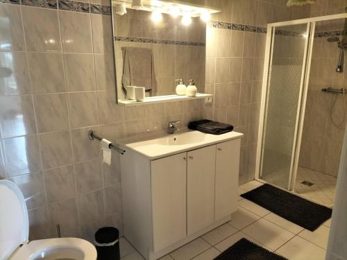 une salle de bain avec un lavabo blanc et une douche dans l'établissement Studio in all its simplicity, à Le Bourdet