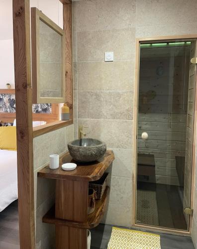 a bathroom with a sink and a shower at Appartement avec vue et sauna - Centre Nérac in Nérac
