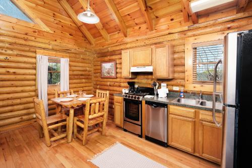 a kitchen with a stove and a table in a cabin at 1BR2 bath log cabin sleeps 6- walk to Titanic Museum and 5 miles from Dollywood! in Pigeon Forge