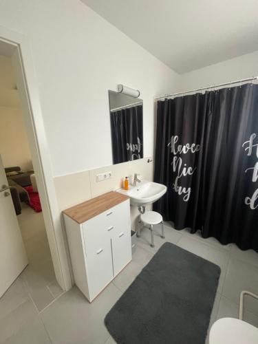 a bathroom with a sink and a mirror at Zwischenstopp in Gottmadingen
