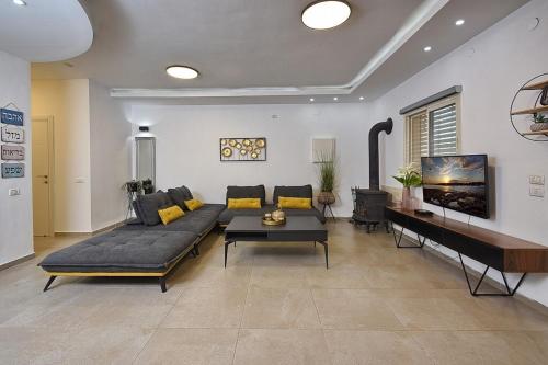 a living room with a couch and a piano at בקתה בשמורה in Shomera