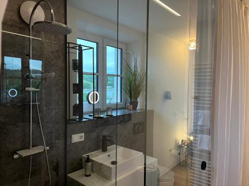 a bathroom with a sink and a glass shower at BEYOND Staying Apartments Passau in Passau