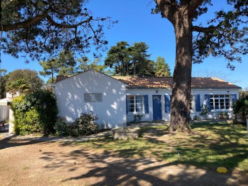 une maison blanche avec un arbre dans la cour dans l'établissement Grande maison de vacances avec piscine, à La Guérinière