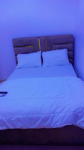 イバダンにあるRuby Funky Apartmentの青いライト付きの白い大型ベッド