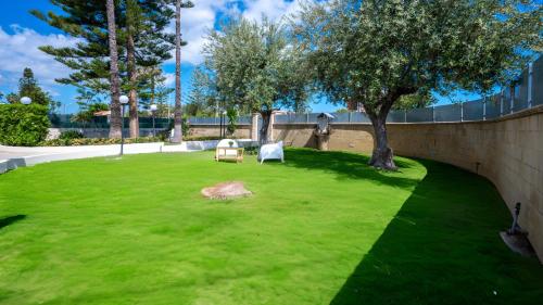 a green yard with a tree and a wall at Villa Carmela Arenella in Arenella