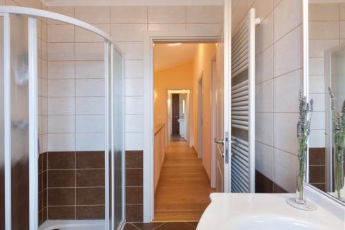 a bathroom with a walk in shower and a sink at Villas Vilanija in Umag