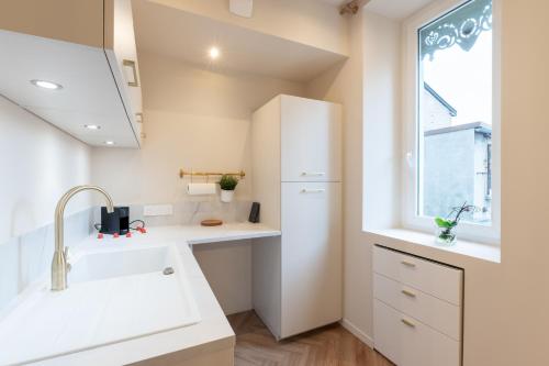 une cuisine avec un évier et une fenêtre dans l'établissement Le petit Berriat T2, à Grenoble