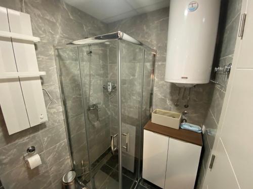 a shower stall with a glass door in a bathroom at Apartman MM Vrnjacka Banja in Vrnjci
