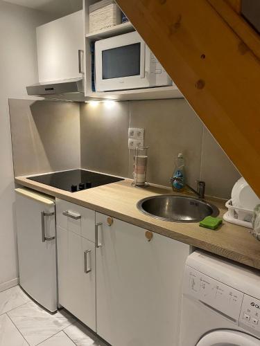 une petite cuisine avec un évier et un micro-ondes dans l'établissement Appartement 2 pièces à 5 mn de la plage N3, à Saint-Laurent-du-Var