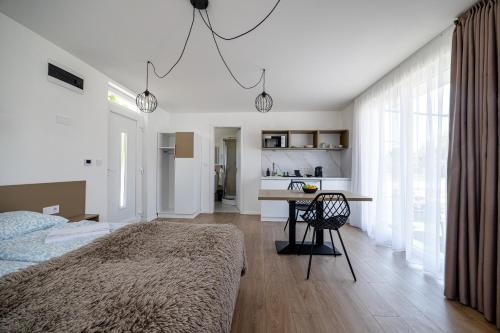 a bedroom with a bed and a desk in it at Villa Oliver Lenti in Lenti