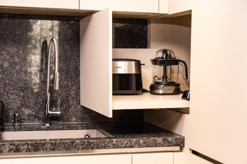 una cocina con cafetera en una encimera en TOP Center apt 'Pemena' FREE Private Parking, en Plovdiv