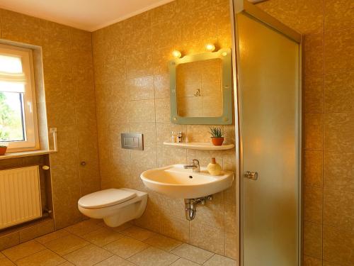 a bathroom with a sink and a toilet and a mirror at SUNNYHOME Monteurwohnungen und Apartments in Schwandorf in Schwandorf in Bayern