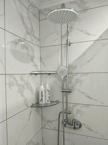 萨索斯Blue North Luxury Apartment的浴室配有白色瓷砖的淋浴