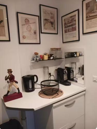 une cuisine avec un comptoir et des appareils électroménagers. dans l'établissement Petite maison charmante proche Bords de Marne, à Saint-Maur-des-Fossés