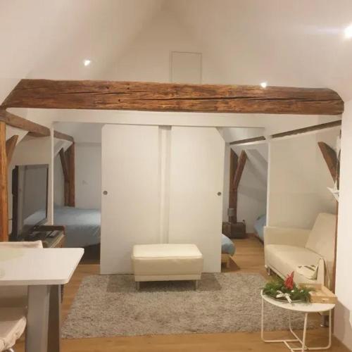 un salon avec un canapé et un lit dans l'établissement Maison spacieuse à Sainte-Croix-en-Plaine avec jardin, à Sainte-Croix-en-Plaine