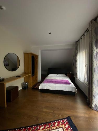 a bedroom with a large bed and a mirror at Pensiunea El Monte SPA in Rucăr