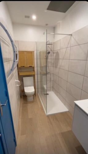 une salle de bain avec toilettes et douche en verre dans l'établissement Maison 6-8 personnes, vélos inclus, à 5 min de la gare, à Granville