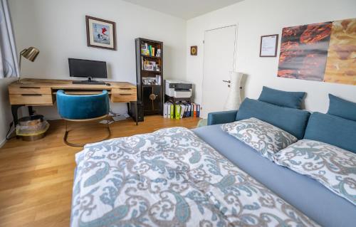 a bedroom with a blue bed and a desk with a computer at Dingqin'Home in Arni Alp