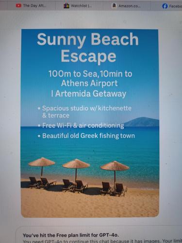 a flyer for a beach resort with chairs and umbrellas at ATHENS AIRPORT - SEASIDE STUDIO - Artemida in Artemida