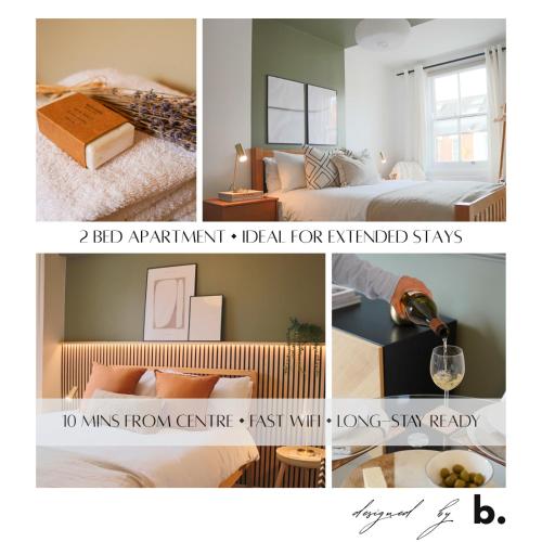 a collage of four pictures of a bedroom at Japandi-Inspired Apt in the Heart of Oxford in Oxford