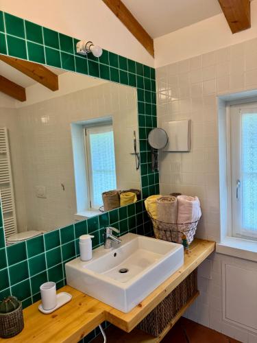 a bathroom with a sink and a green tiled wall at Laghel7 Agritur in Arco