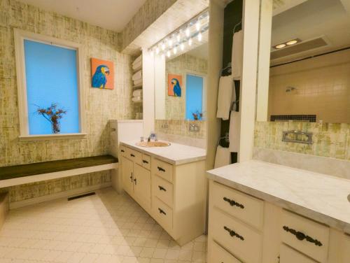a bathroom with a sink and a shower and a mirror at Hidden Oasis Near Downtown in Eureka Springs