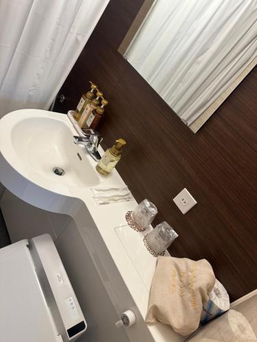 a bathroom with a sink and a mirror at Sekia Wagaya Hotel in Karahashi Rashomon