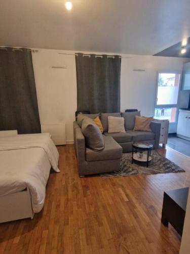 un salon avec un lit et un canapé dans l'établissement Appartement entier Saint-Denis, stade France, à Saint-Denis