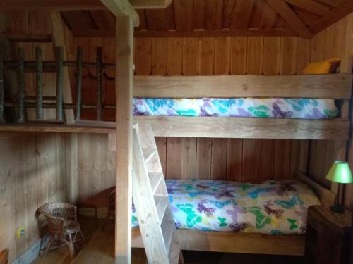 a bunk bed in a wooden cabin with a ladder at La Fuste des Garceaux in Orconte
