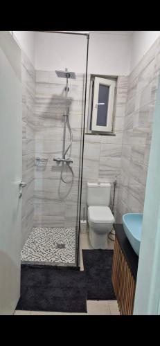 a bathroom with a shower and a toilet and a sink at White Luxury Villa Apartments &Hot Tab in Durrës