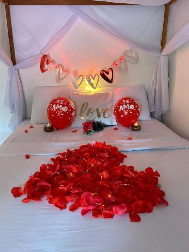 a bed with a pile of red roses on it at Rincon del Mar Palomino in Palomino