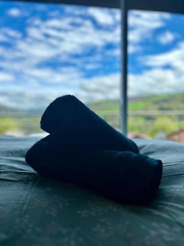 un oreiller noir posé sur une table avec une fenêtre dans l'établissement Le Vallon Appartement T2, à Trébas