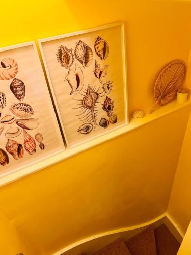 a shelf with three pictures of shells on it at The Beach Retreat - A Bijou Seaside Maisonette in Rustington
