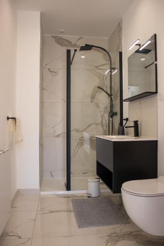 une salle de bain avec une douche, des toilettes et un lavabo dans l'établissement Suite Isabelle - 2 pers Le charme intemporel, à Charleville-Mézières