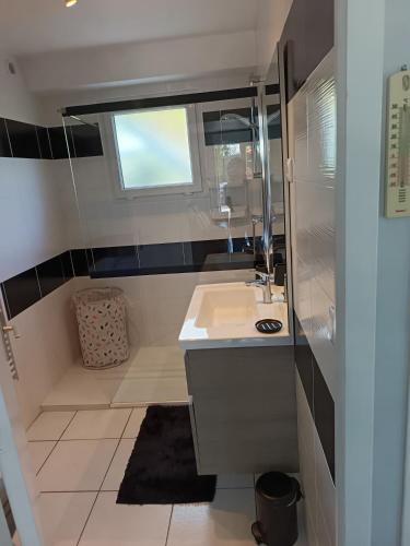 une salle de bain avec un lavabo et une baignoire dans l'établissement Gîte de la mouette, à Saint-Côme-de-Fresné