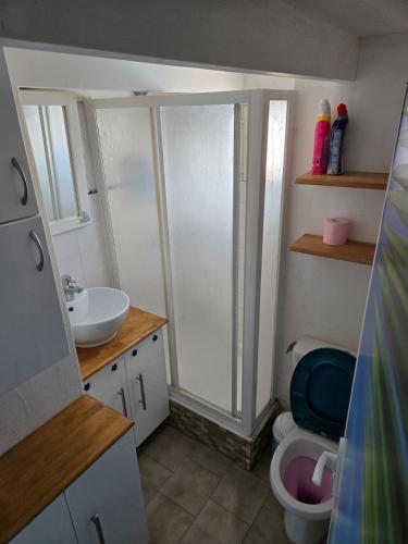 une salle de bain avec toilettes et lavabo dans l'établissement Appartement avec superbe vue mer pour 4 personnes, au Cap d'Agde