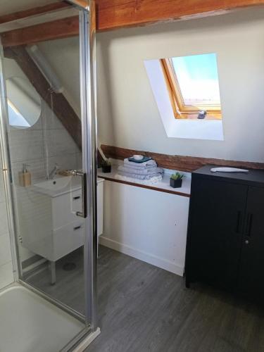 une salle de bain avec un lavabo et un miroir dans l'établissement hebergement centre ville Chateauneuf-en-thymerais, à Châteauneuf-en-Thymerais