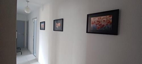 un corridoio con quattro foto su un muro bianco di Les lavandières a La Pommeraie-sur-Sèvre
