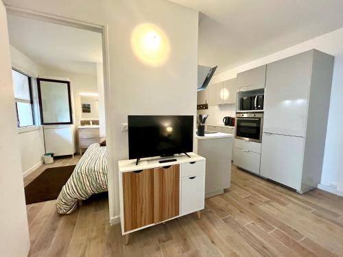 Il comprend un grand salon doté d'une télévision à écran plat. dans l'établissement Charmant T2 proche plages, climatisation et balcon, à Six-Fours-les-Plages