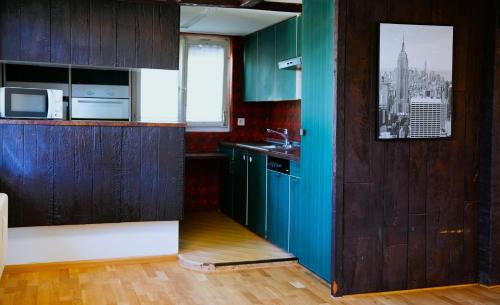 a kitchen with green walls and wooden cabinets at Apartment WG Zimmer Komplett Ausgestattet in Buchs