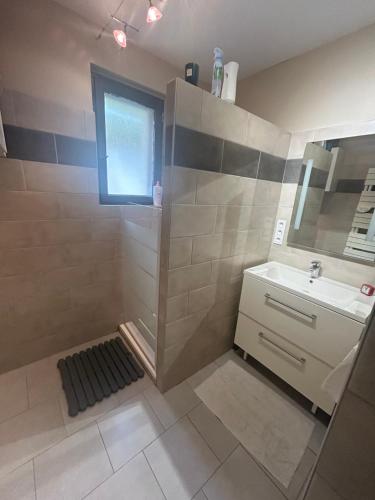 une salle de bain avec une douche, un lavabo et un miroir dans l'établissement Maison de vacances - St Joseph, à Beaucaire
