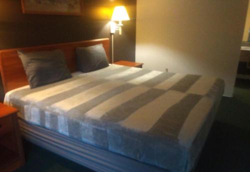 a large bed in a bedroom with a lamp at King Bed Hotel Studio 233 in Livingston