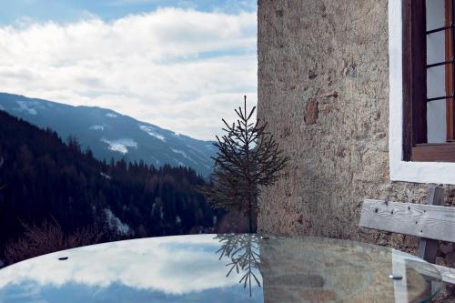 a small tree sitting on a table next to a window at Sandrisser-Hütte in Innerkrems