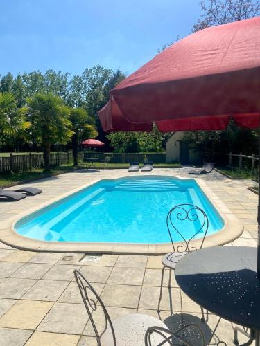 - une piscine avec des chaises, une table et un parasol dans l'établissement Château De La Coutancière, à Brain-sur-Allonnes