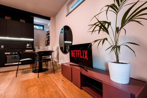 ベルガモにある2' Città Alta - Loft Moderno in Borgo Storicoのリビングルームのキャビネットの上に置かれた鉢植え