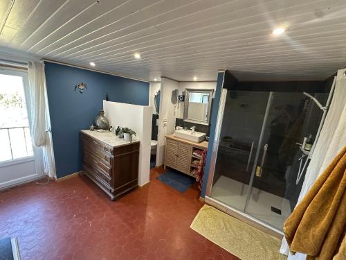 une salle de bain avec une douche, un lavabo et un miroir dans l'établissement SouthCorner - Le Coin du Sud, à Malaucène