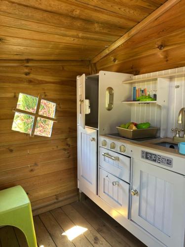 a kitchen with white appliances and wooden walls at Siedlisko Kępina Zdrój in Ostrów